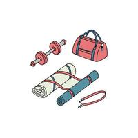 A set of items including a bag, a dumbbell, and a yoga mat vector