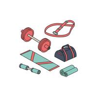 A set of fitness equipment including a dumbbell, a bag and a rope vector