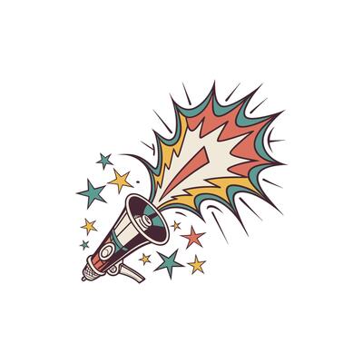 A vintage style megaphone with stars and explosions