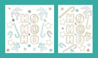 Ho Ho Ho Line art design with gingerbread man, candy cane, cinnamon star. Outline Christmas letters, reindeer, candy canes, stars and snowflakes in square and A4 format designs. vector