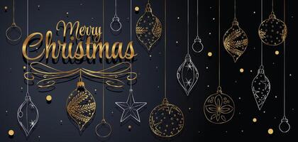 Merry Christmas sparkling globes on dark background with luxury gold design vector
