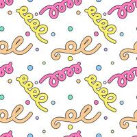 Playful seamless pattern with colorful spirals, swirls, and confetti dots on a white background, ideal for designs. vector