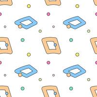 Seamless geometric pattern with colorful rhombuses, squares, and scattered dots on a white background for design projects. vector