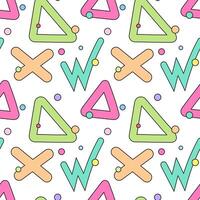 Seamless geometric pattern featuring colorful triangles, crosses, wavy lines, and dots for creative and vibrant designs. vector