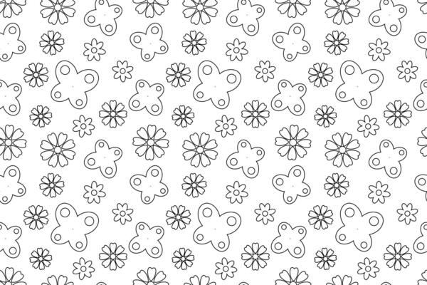 A seamless black-and-white pattern of butterflies and flowers, perfect for childrens coloring pages or creative projects.