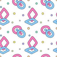 Seamless pattern featuring colorful circles, rhombuses, and scattered confetti dots on a white background for creative designs. vector