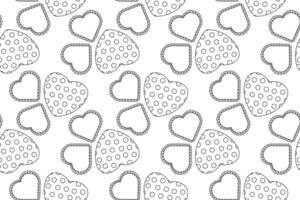 Seamless black and white pattern with hearts featuring lace edges and polka dot designs, perfect for coloring. vector