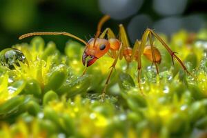 A small ant is standing on a green plant photo