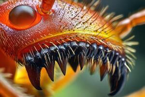 A close up of a red and yellow insect photo