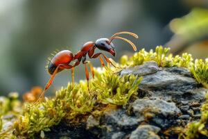 An ant is walking on a moss covered rock photo