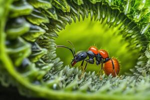 A red ant is standing in the middle of a green plant photo