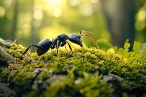 An ant is walking on a moss covered forest floor photo