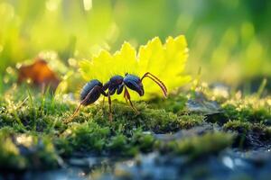 An ant is walking on the grass with a leaf photo
