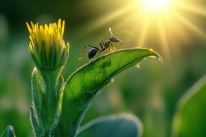 A small ant is standing on a green leaf photo