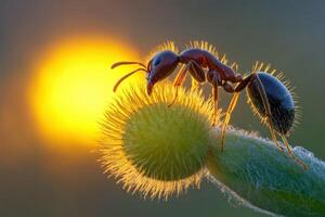 A red ant is standing on a plant with the sun in the background photo