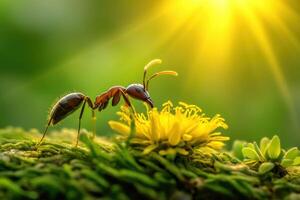 An ant is standing on a green plant with the sun shining photo