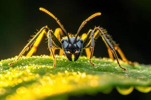 A close up of a black and yellow insect photo