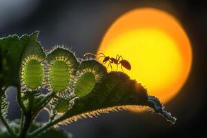 A bug is sitting on a leaf with the sun in the background photo