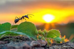 An ant is standing on a leaf with the sun setting behind it photo