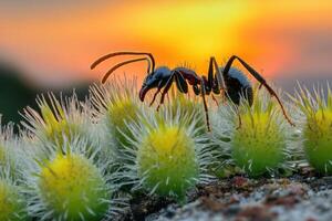 Ant on cactus plant at sunset photo