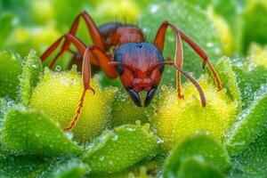 An ant is sitting on a green plant photo