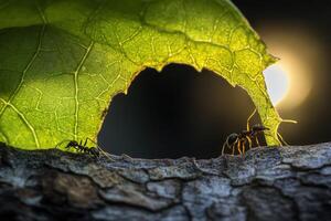 Two ants on a leaf with the sun in the background photo