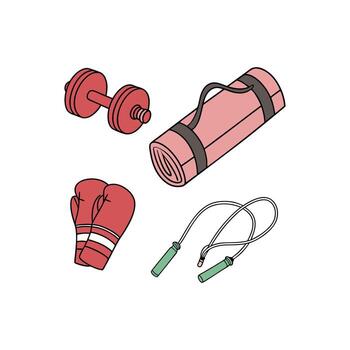 A set of items including a pair of gloves, a pair of dumbbells, a pair vector
