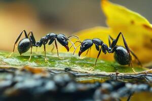 Two ants fighting on a leaf photo