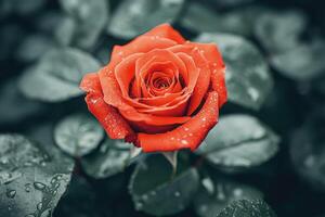 A single red rose is shown in the middle of a dark background photo