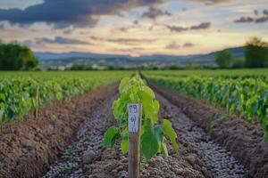 A vineyard with a sign on the ground photo