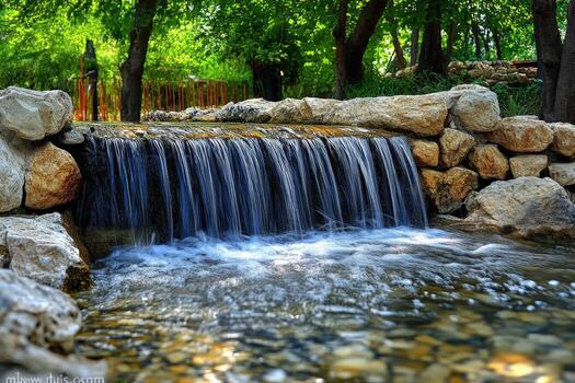 un cascada fluido terminado rocas en un parque foto