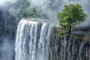 A tree is standing on the edge of a waterfall photo