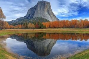 A mountain is reflected in a pond in autumn photo