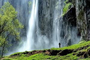 A man standing in front of a waterfall photo