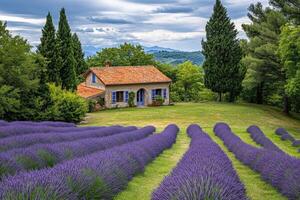 A house in the middle of a lavender field photo