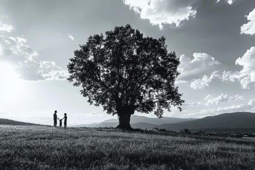 Black and white photo of two people standing under a tree