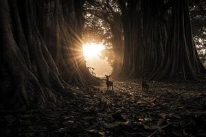 Two deer are walking through a forest at sunset photo