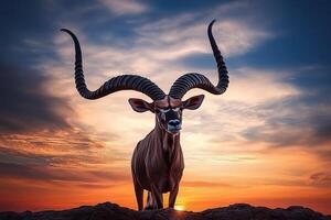 A kudu with long horns standing on a rock photo