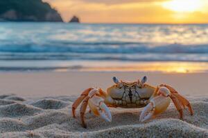 A crab on the beach at sunset photo