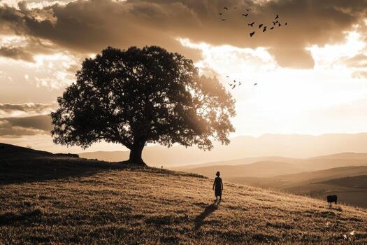 A man stands under a tree in the middle of a field photo