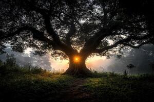 The sun is shining through the tree in the middle of a foggy field photo