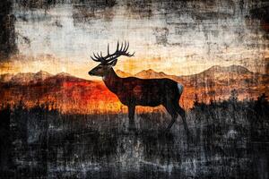 A painting of a deer standing in front of a mountain photo