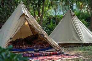 Two tents are set up in the woods photo