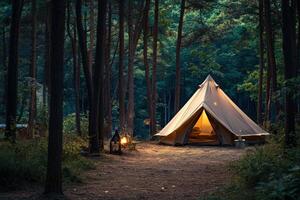 A tent in the woods with a fire photo