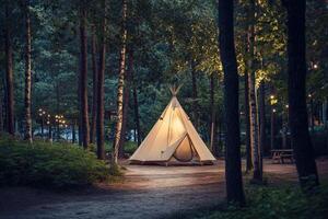 A teepee in the woods at night photo