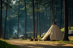 A tent in the woods with a fire pit photo