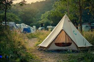 A tent is set up in the grass near a campground photo