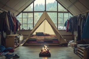 A tent with a fire pit in the middle of a room photo