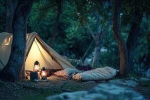 A tent is set up in the woods photo