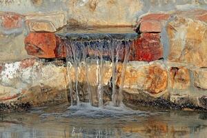 A waterfall is shown in a stone wall photo